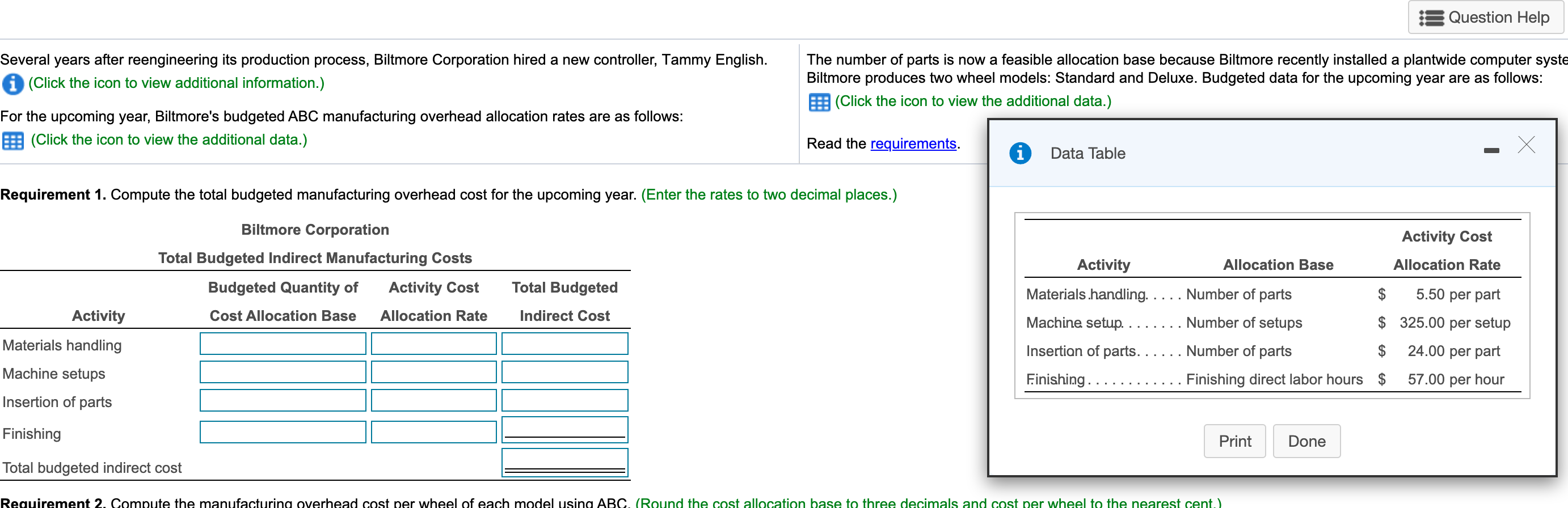 Question Help Several years after reengineering its production process, Biltmore Corporation
