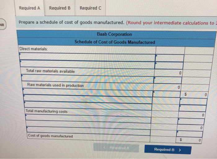 cost goods manufactured Baab Corporation is a manufacturing firm that uses job-order