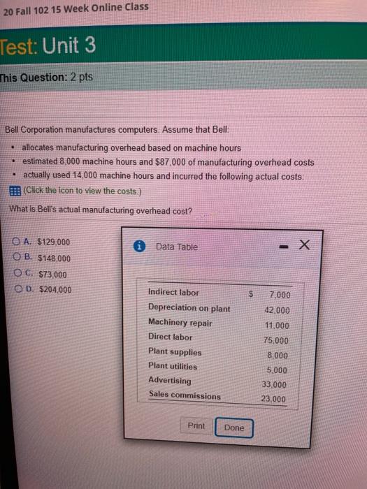  20 Fall 102 15 Week Online Class Test: Unit 3 This