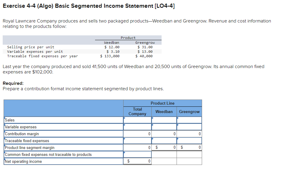  Exercise 4-4(Algo) Basic Segmented Income Statement [LO4-4] Royal Lawncare Company produces