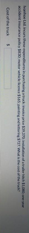 Ivanhoe Ltd. incurs these expenditures in purchasing a truck: invoice price