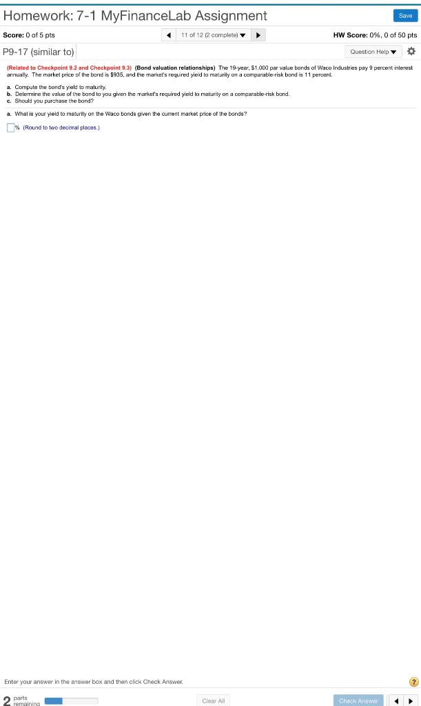  Homework: 7-1 MyFinanceLab Assignment Save Score: 0 of 5 pts 11