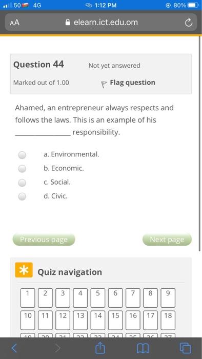  50 4G 1:12 PM @ 80% elearn.ict.edu.om Question 44 Not yet