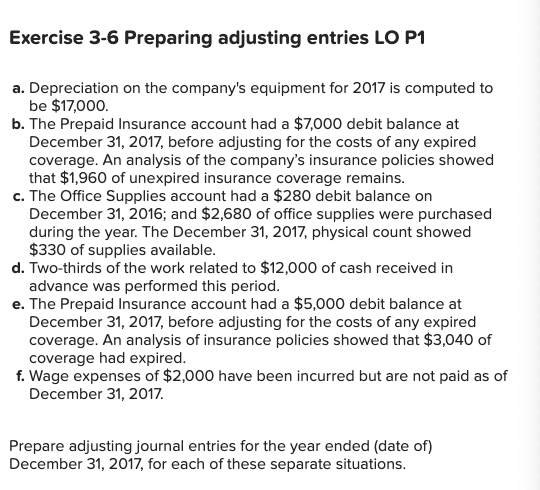 Exercise 3-6 Preparing adjusting entries LO P1 a. Depreciation on the