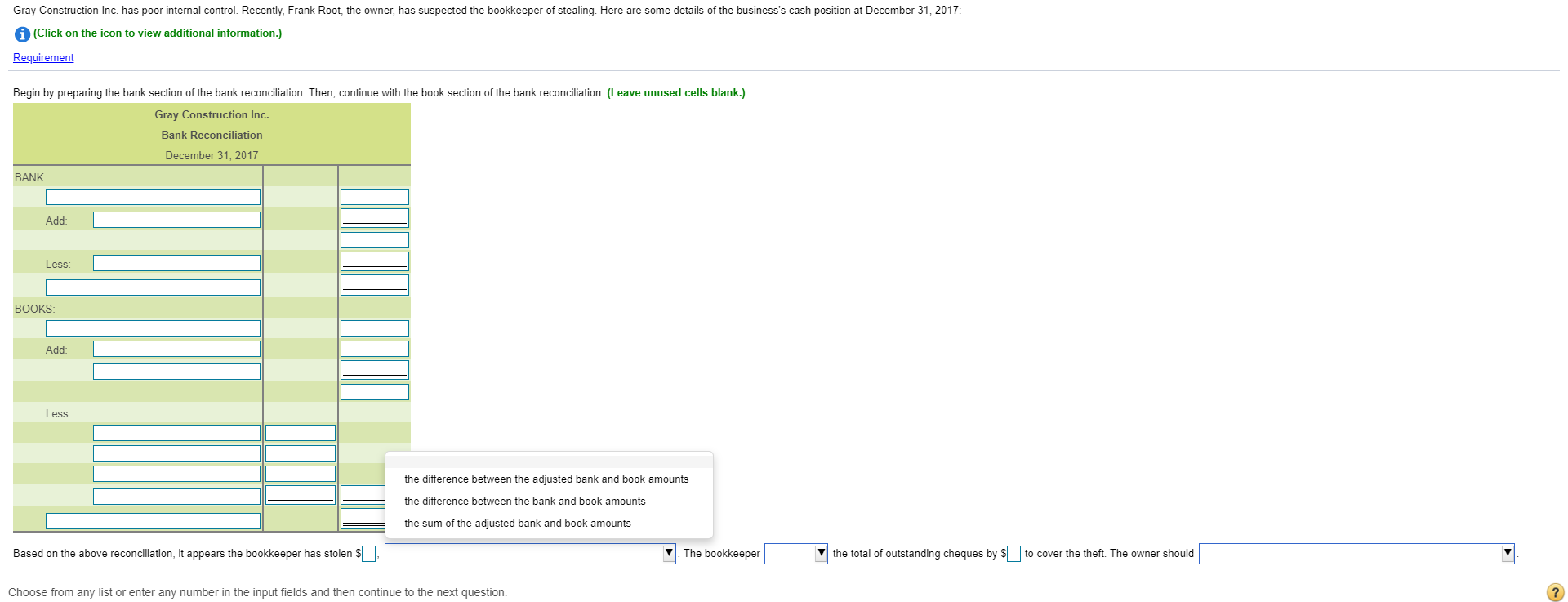 owner, has suspected the bookkeeper of stealing. Here are some details of