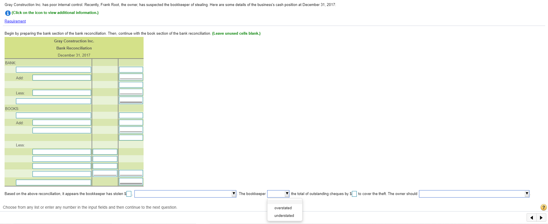 the business's cash position at December 31, 2017: (Click on the icon