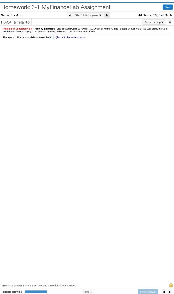  Homework: 6-1 MyFinanceLab Assignment Save Score: 0 of 4 pts 10