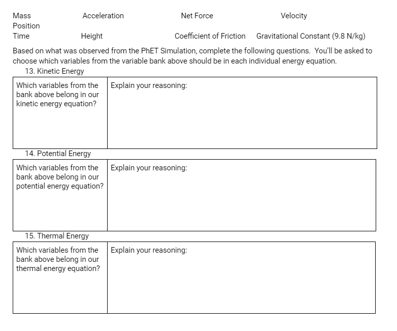  Mass Acceleration Net Force Velocity Position Time Height Coefficient of Friction