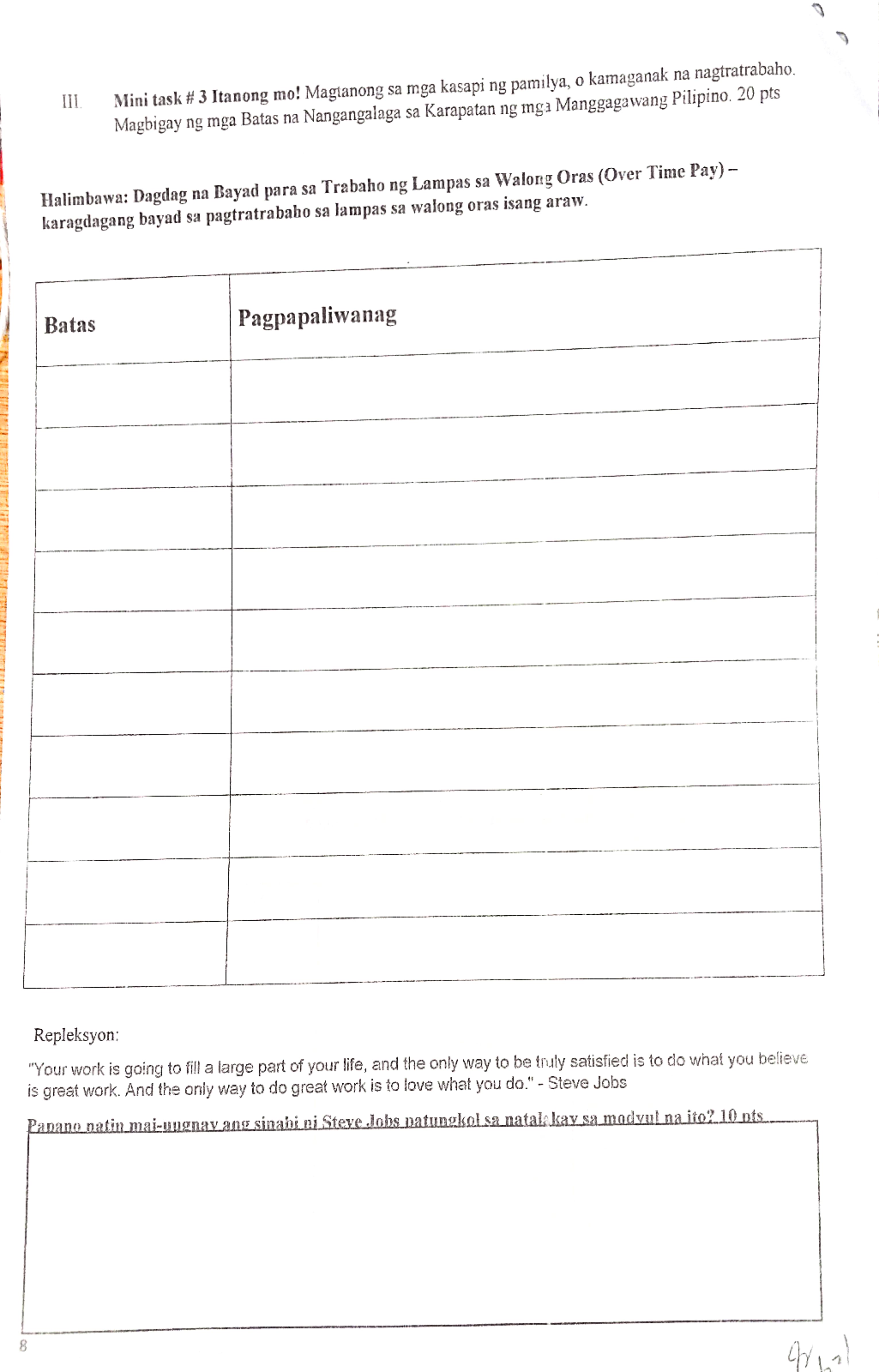 Karapatan ng mga Manggagawang Pilipino. 20 pts Halimbawa: Dagdag na Bayad para