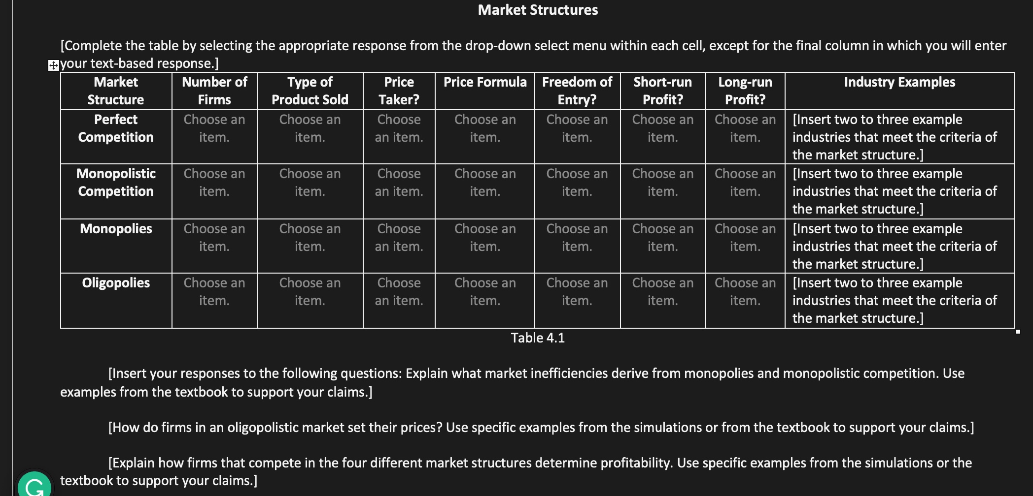 Market Structures [Complete the table by selecting the appropriate response from