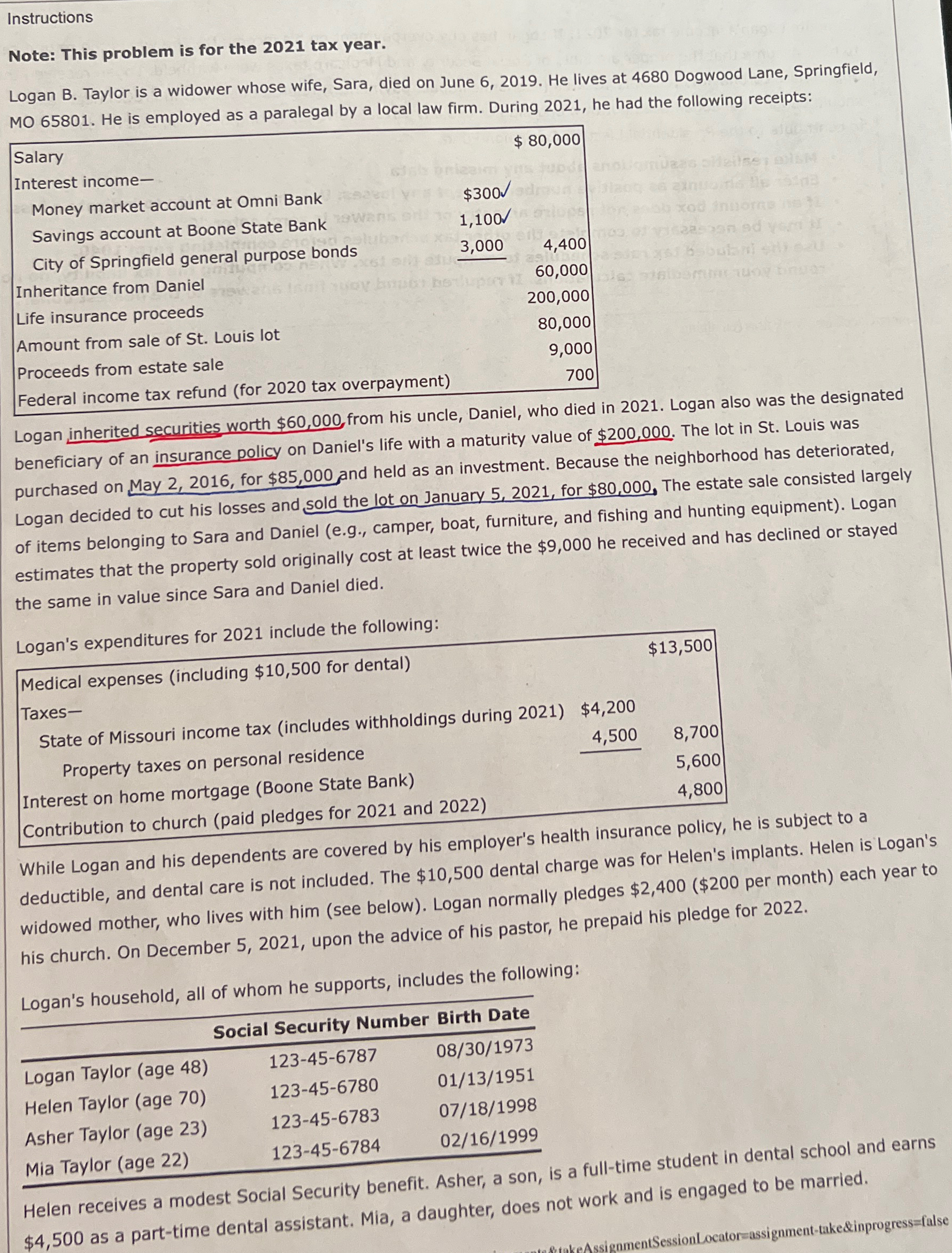  Instructions Note: This problem is for the 2021 tax year. Logan
