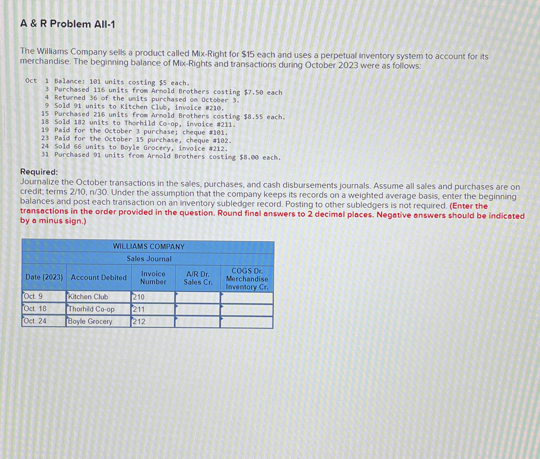  A & R Problem All-1 The Williams Company sells a product