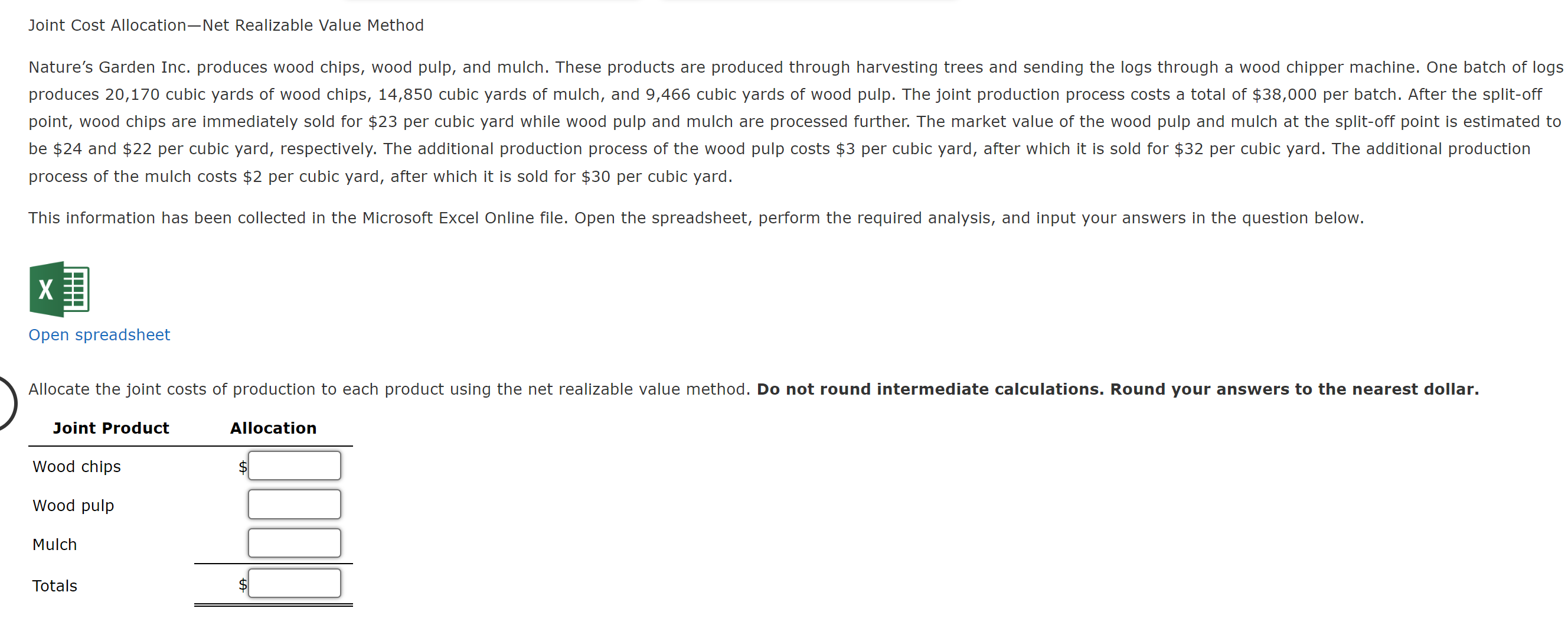  Joint Cost Allocation-Net Realizable Value Method process of the mulch costs