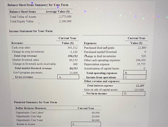  Balance Sheet Items Summary for Your Farm Balance Sheet Items Average