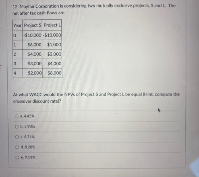  12. Mayfair Corporation is considering two mutually exclusive projects, S and