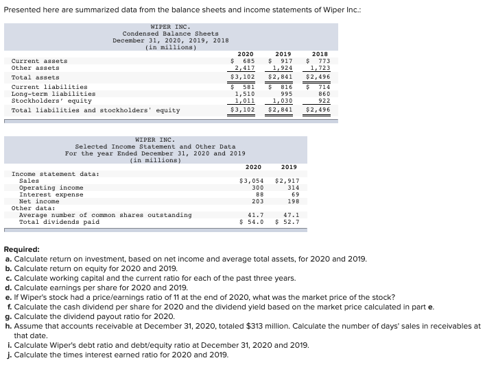  Please solve a-j Presented here are summarized data from the balance