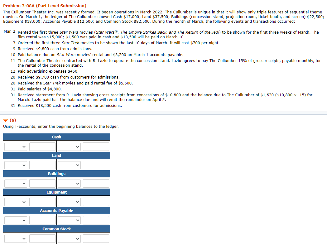  Problem 3-08A (Part Level Submission) The Cullumber Theater Inc. was recently
