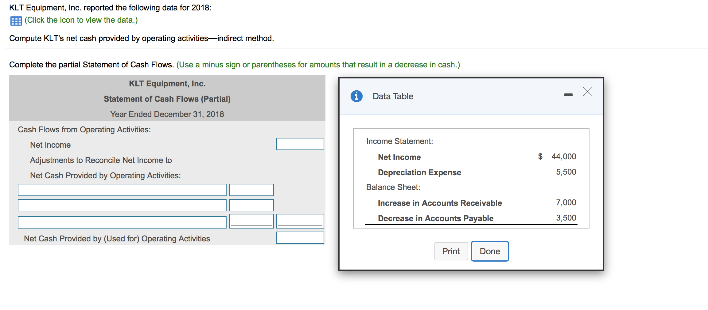 KLT Equipment, Inc. reported the following data for 2018: B (Click