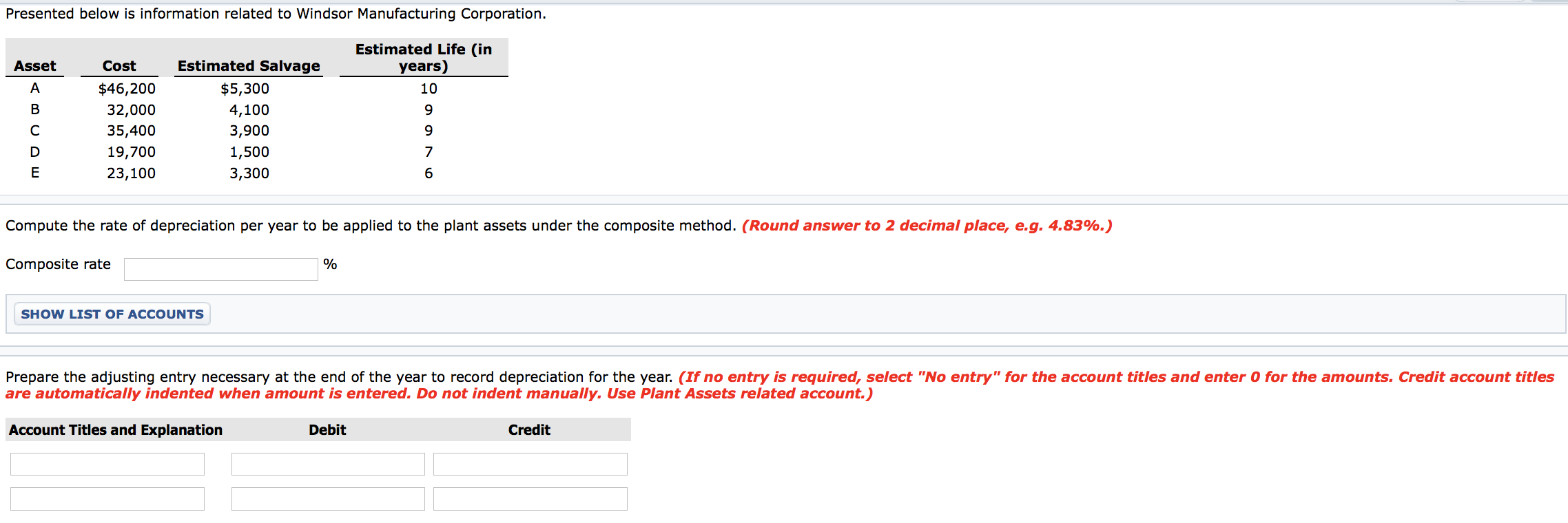 Presented below is information related to Windsor Manufacturing Corporation. Asset Estimated