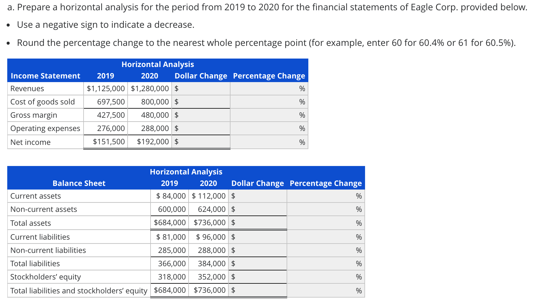 a. Prepare a horizontal analysis for the period from 2019 to