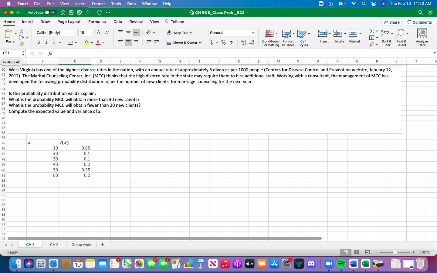 ? C ... 3 CH 5&6_Class Prob_S22 Home Insert Draw Page Layout