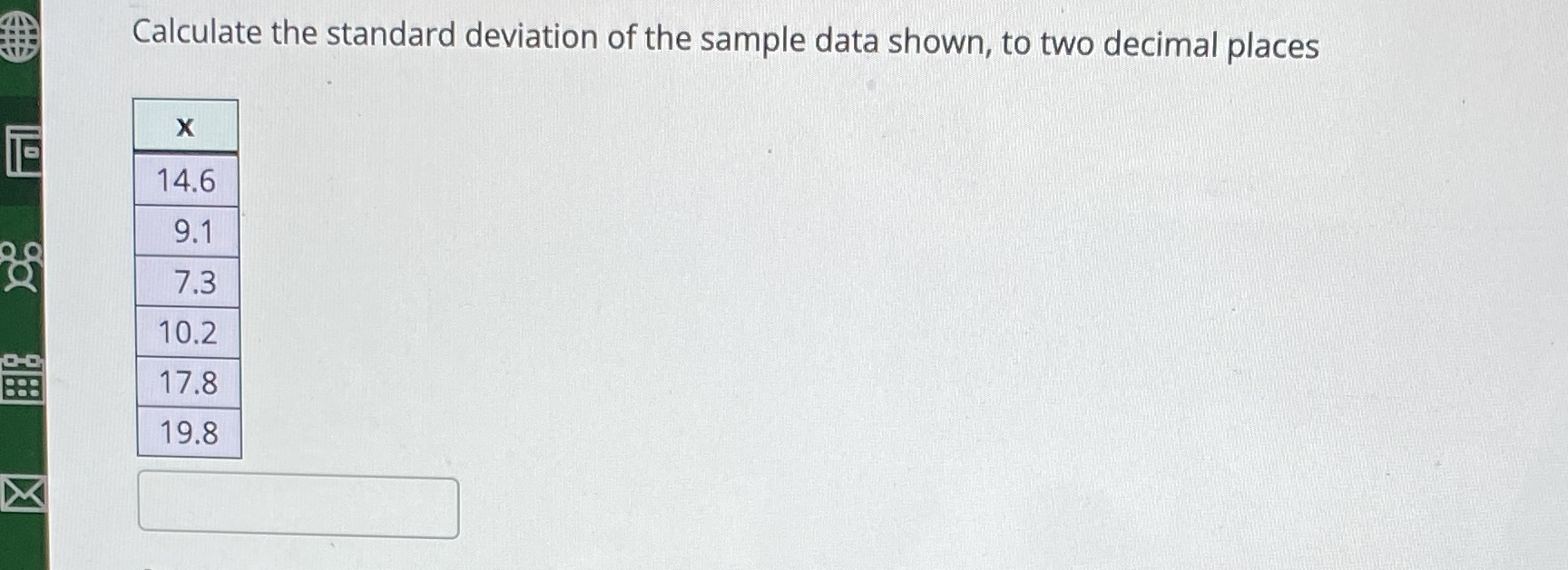  Calculate the standard deviation of the sample data shown, to two