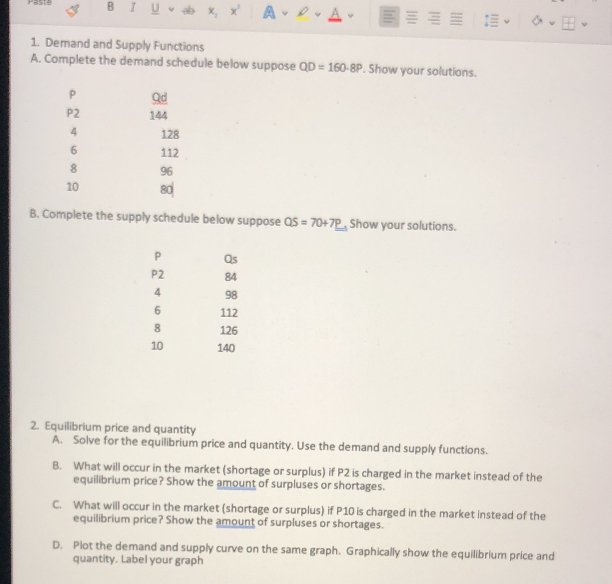  B Uveb x x E 1. Demand and Supply Functions A.