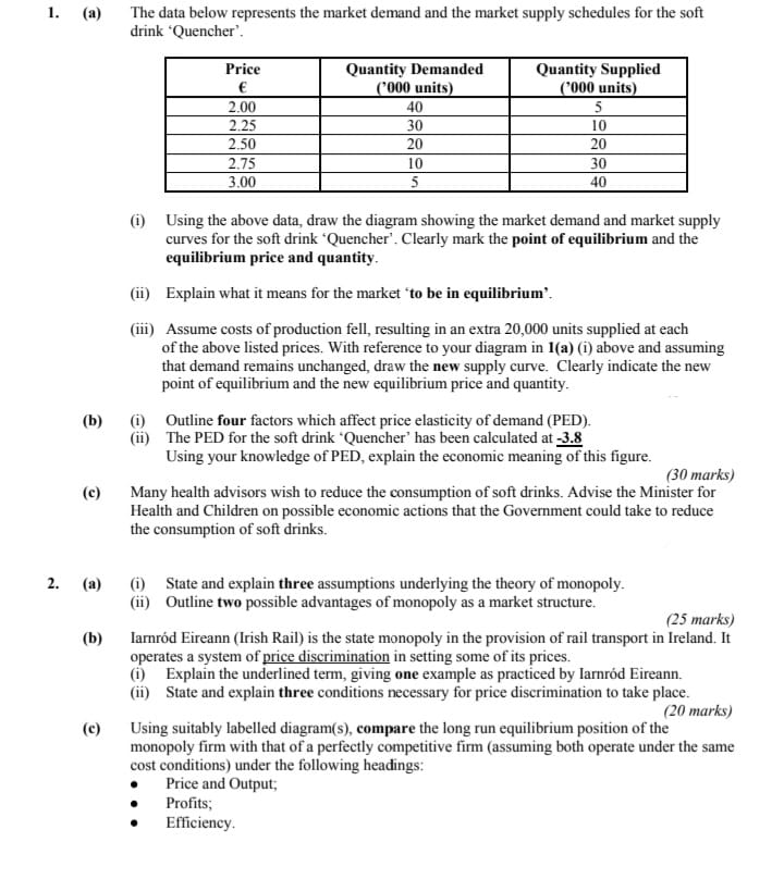 1. (a) The data below represents the market demand and the