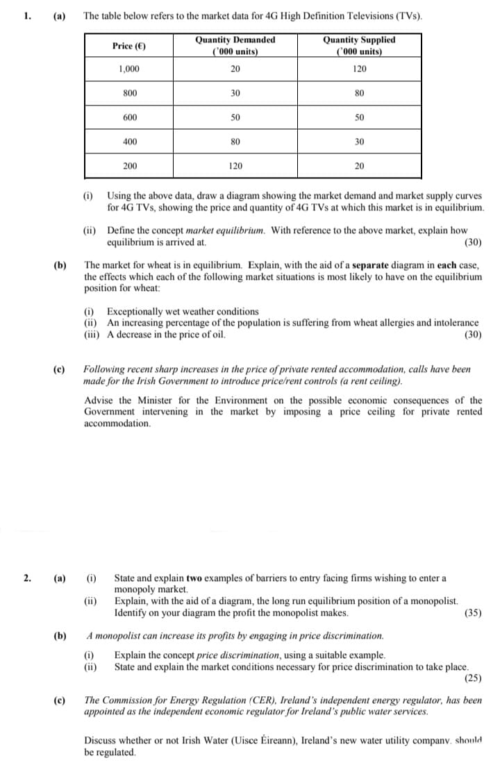  1. (a) The table below refers to the market data for