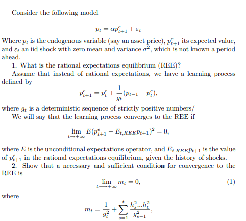Please help!! Consider the following model Pt = apit1 + Et Where