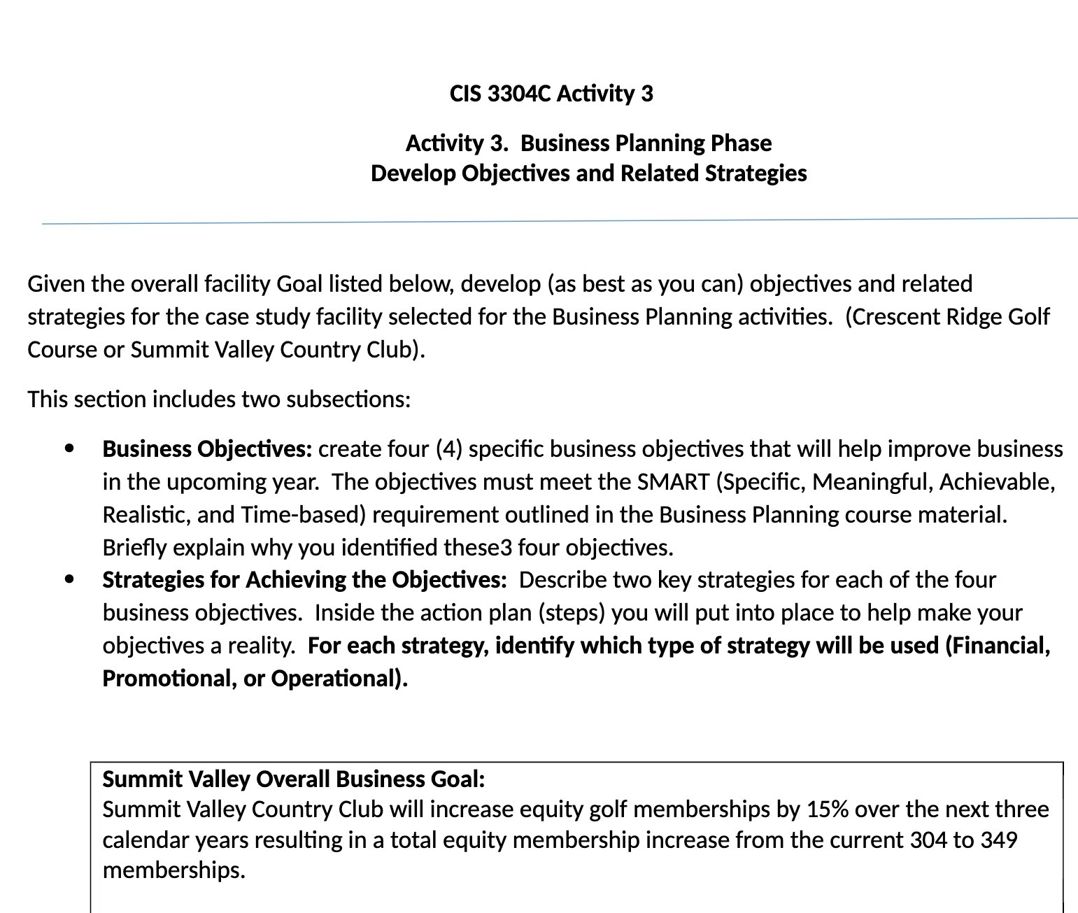 CIS 3304C Activity 3 Activity 3. Business Planning Phase Develop Objectives
