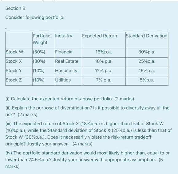  Section B Consider following portfolio: Expected Return Standard Derivation Stock W