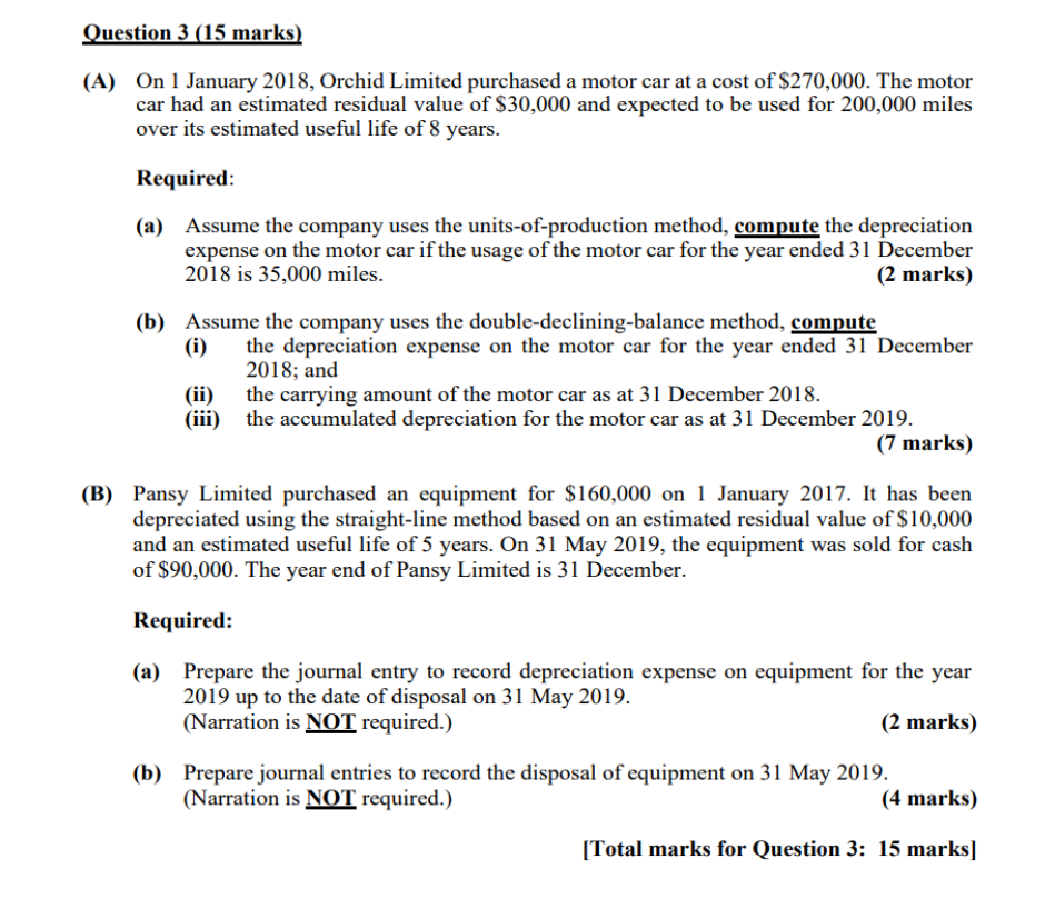  Question 3 (15 marks) (A) On 1 January 2018, Orchid Limited