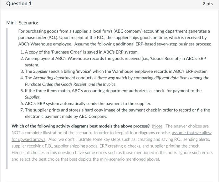  Question 1 2 pts Mini-Scenario: For purchasing goods from a supplier,