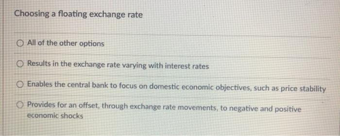  Choosing a floating exchange rate O All of the other options