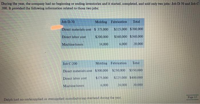 Company uses a job order costing system and has two manufacturing departments-Molding