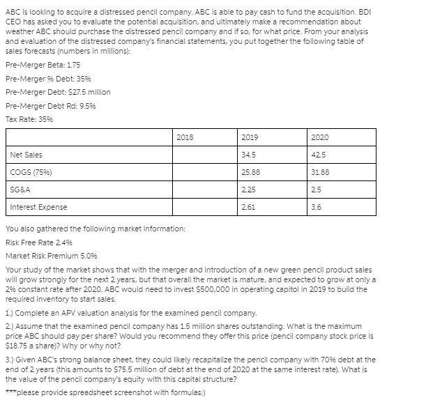  ABC is looking to acquire a distressed pencil company. ABC is