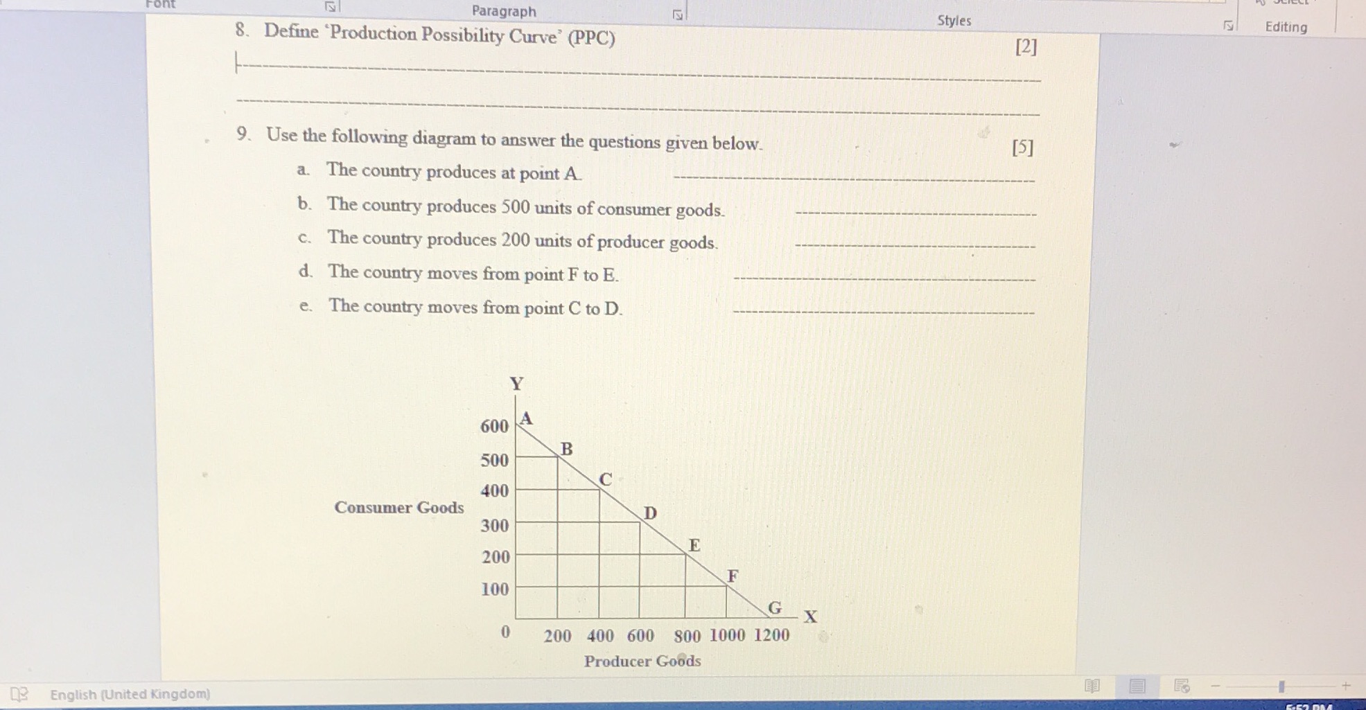  Paragraph Styles N Editing 8. Define 'Production Possibility Curve' (PPC) [2]