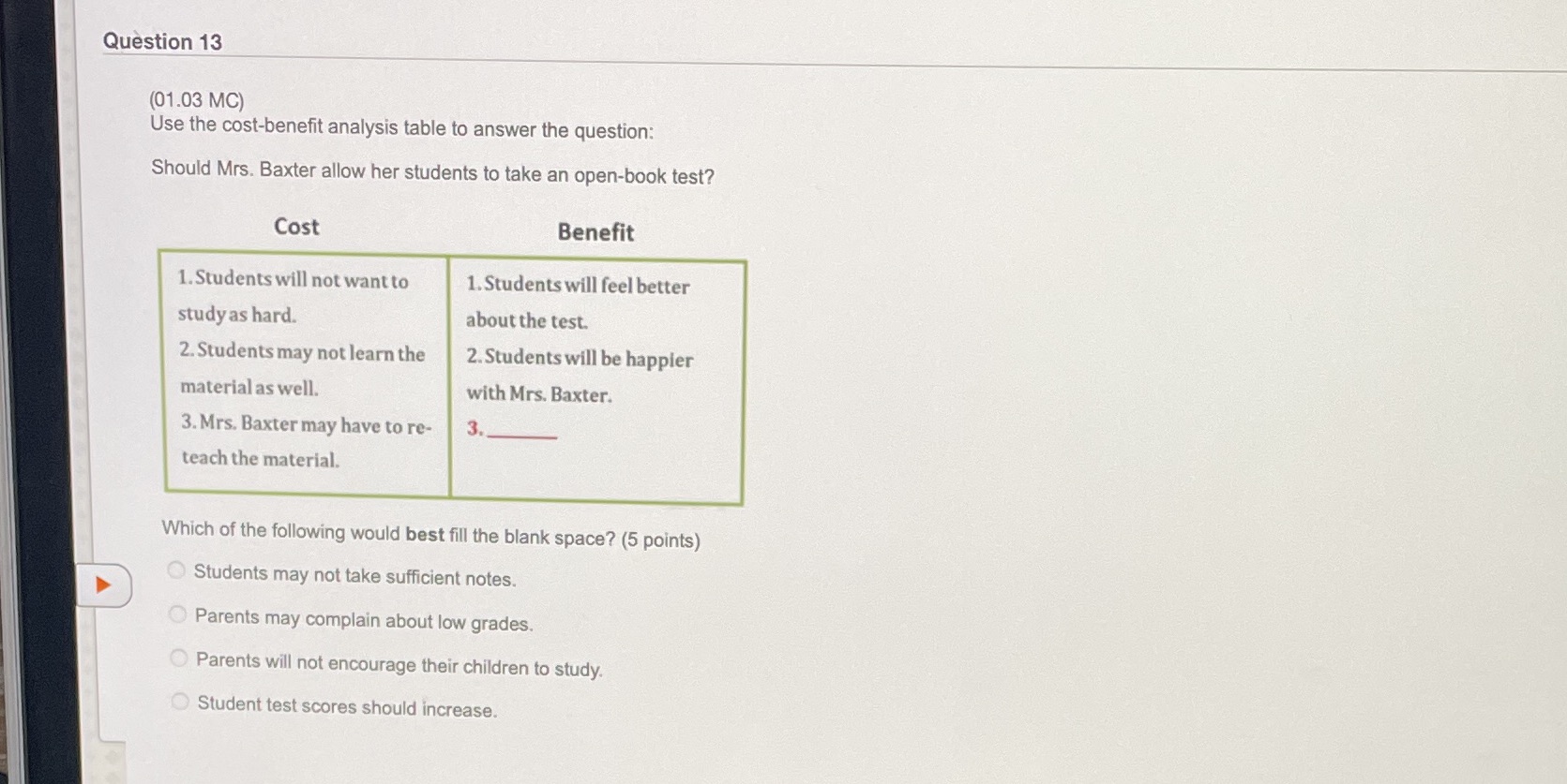 Question 13 (01.03 MC) Use the cost-benefit analysis table to answer