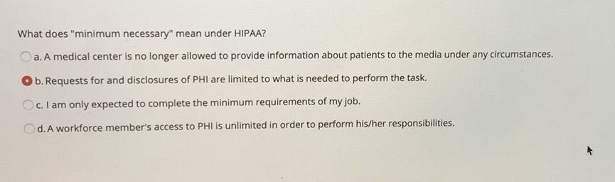 What does "minimum necessary" mean under HIPAA? O a. A medical