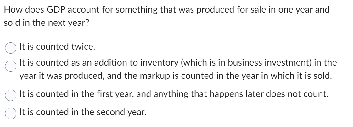 1. How does GDP account for something that was produced for sale
