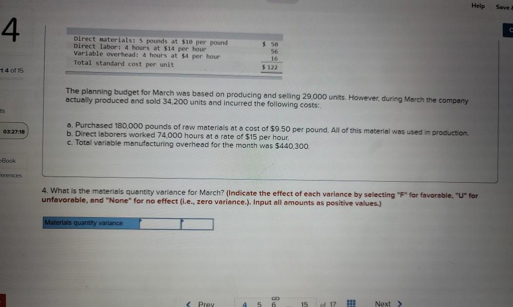 standard cost card per unit is as follows: nts 3 03:28:11 Direct