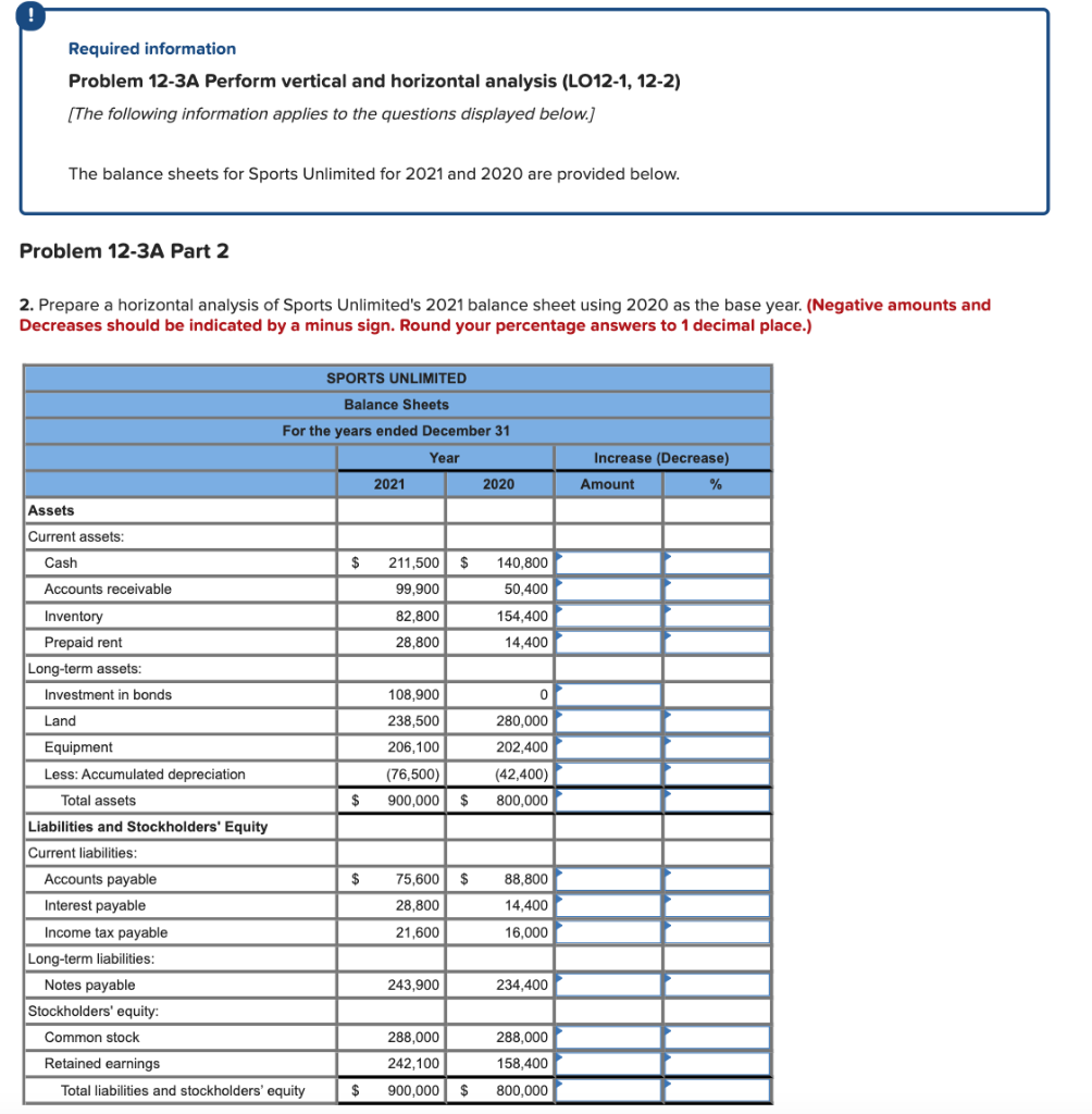Required information Problem 12-3A Perform vertical and horizontal analysis (LO12-1, 12-2)