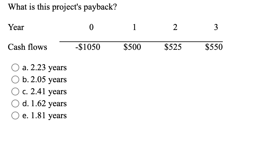 What is this project's payback? Year 0 1 2 3 Cash
