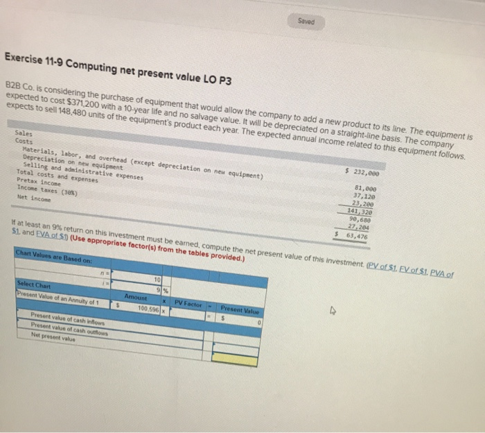  Saved Exercise 11-9 Computing net present value LO P3 B2B Co.
