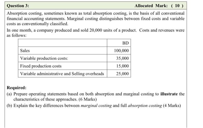  Question 3: Allocated Mark: ( 10 ) Absorption costing, sometimes known