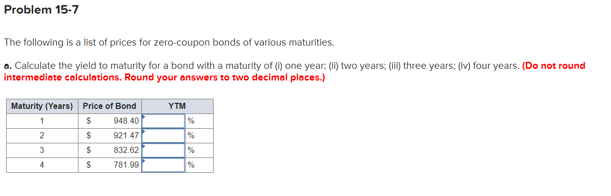  Problem 15-7 The following is a list of prices for zero-coupon