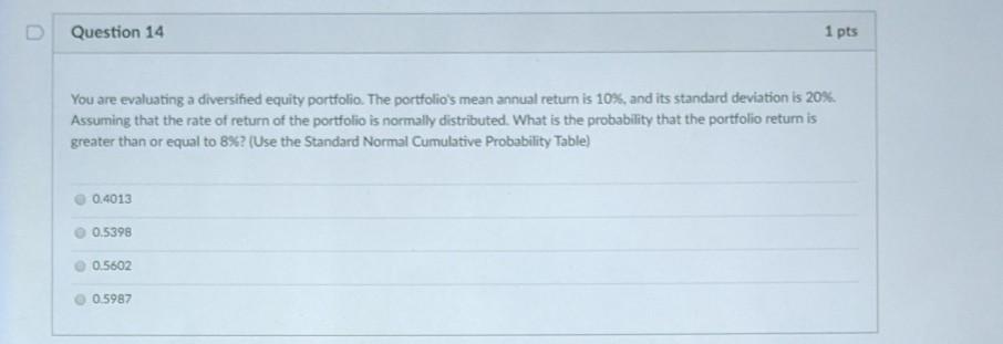  Question 14 1 pts You are evaluating a diversified equity portfolio.