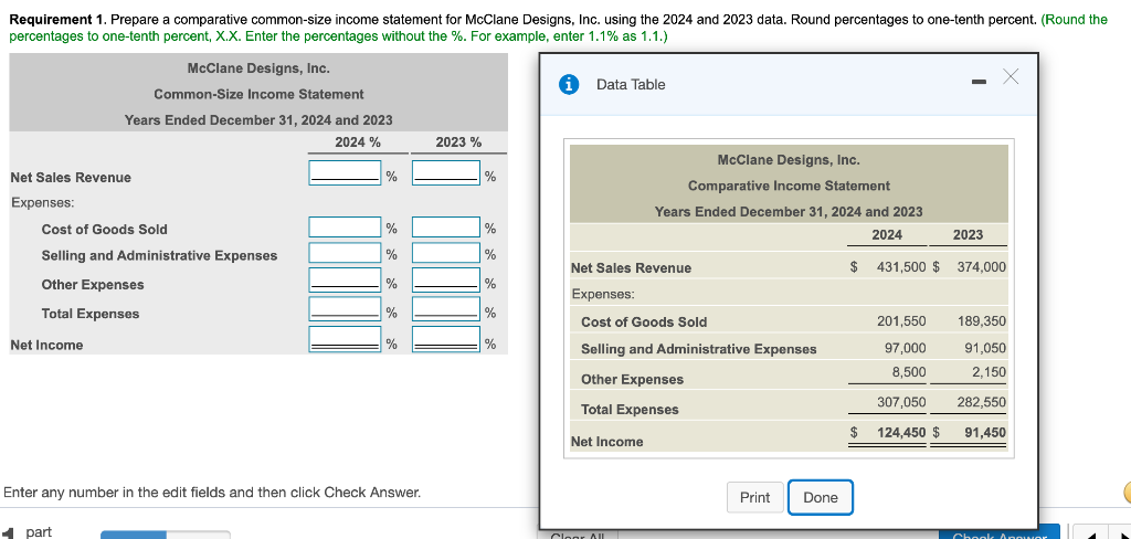  Requirement 1. Prepare a comparative common-size income statement for McClane Designs,