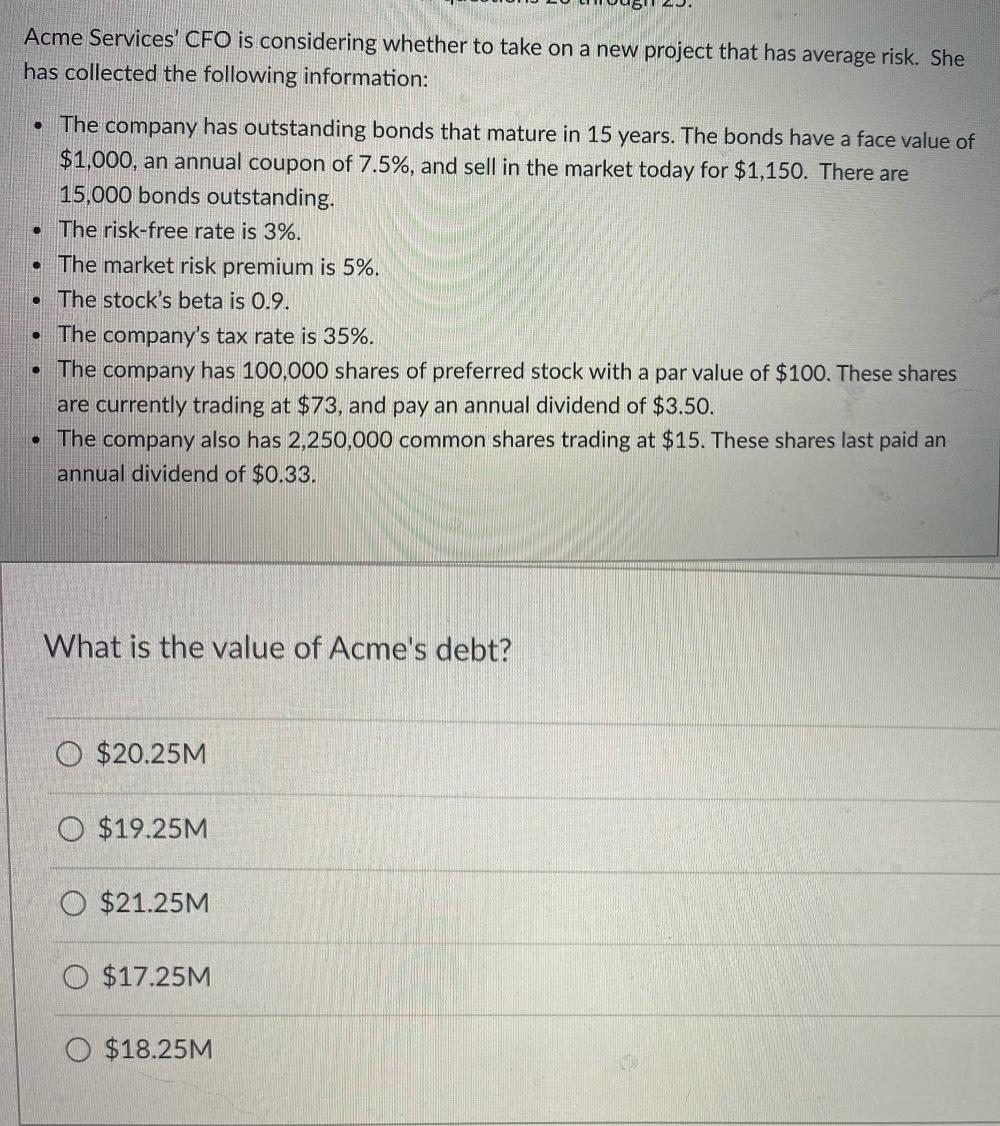 Acme Services' CFO is considering whether to take on a new